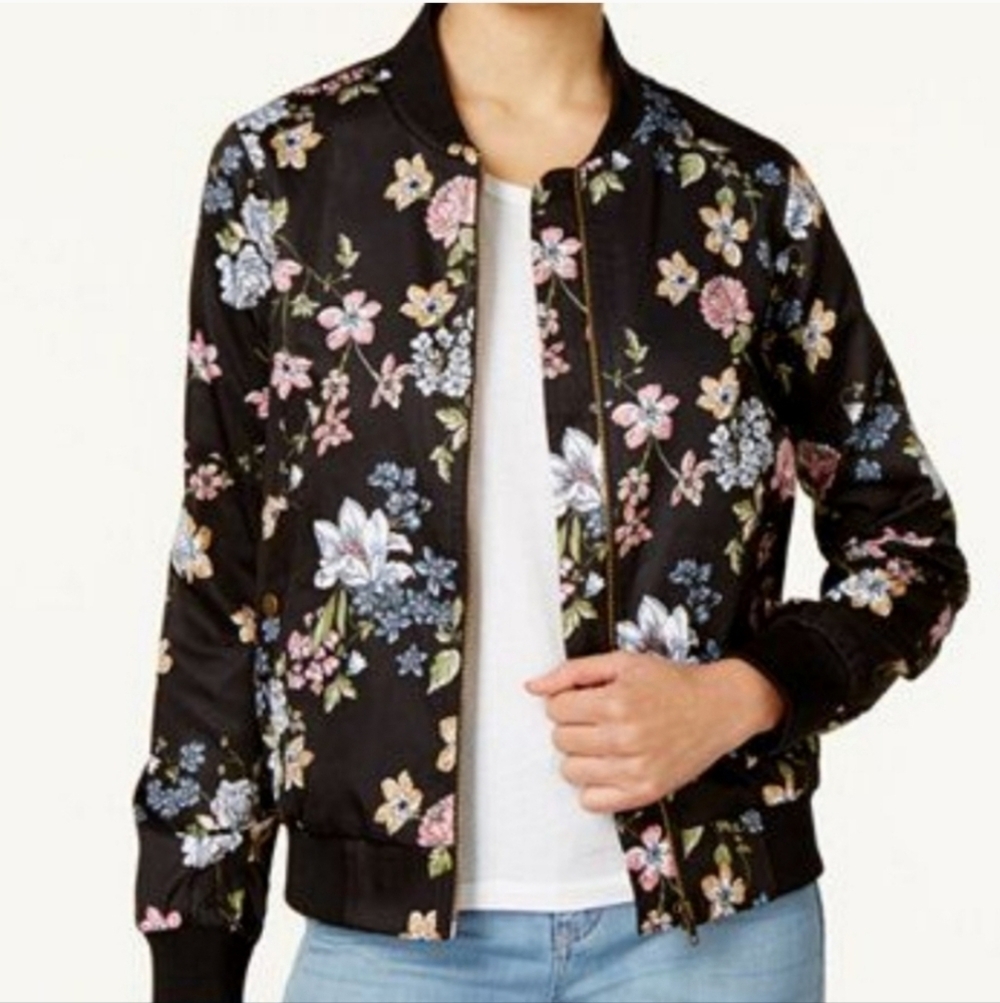 Pink Rose Floral Satin Bomber Jacket size medium EUC